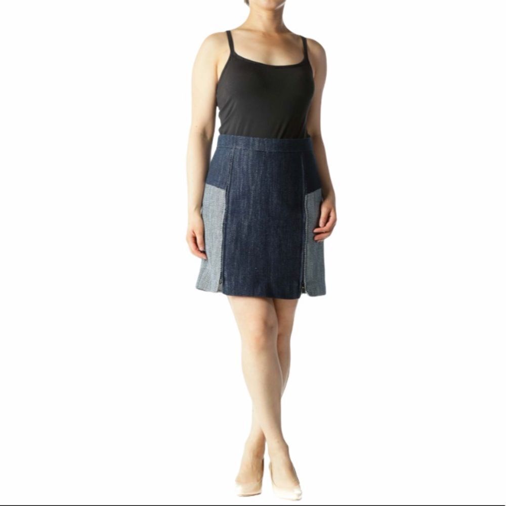 Tibi Blue Zipper Tweed Color Block Above Knee Mini Pencil Skirt Sz 2